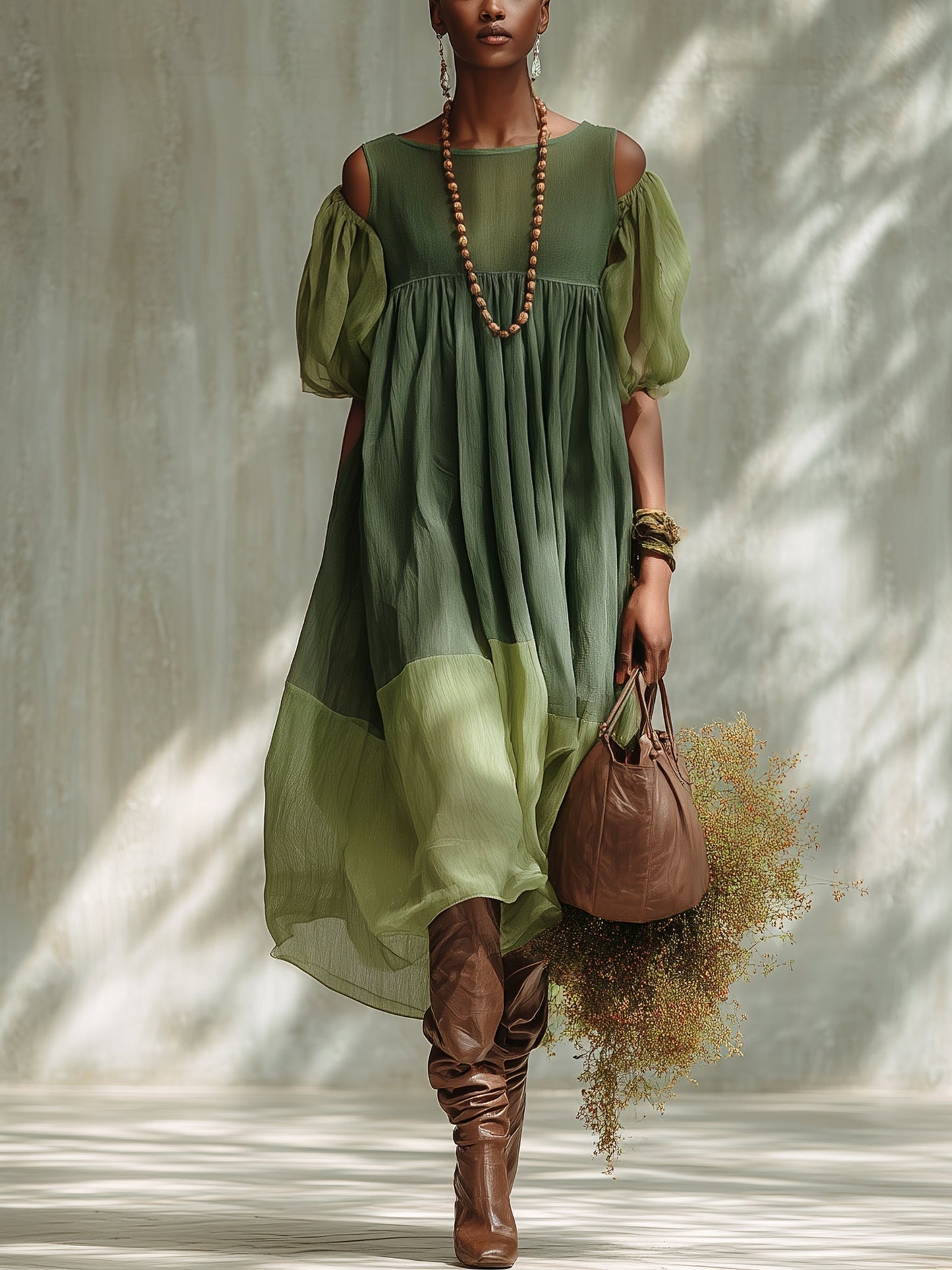 Vestido Midi Verde de Chifón con Hombros Descubiertos