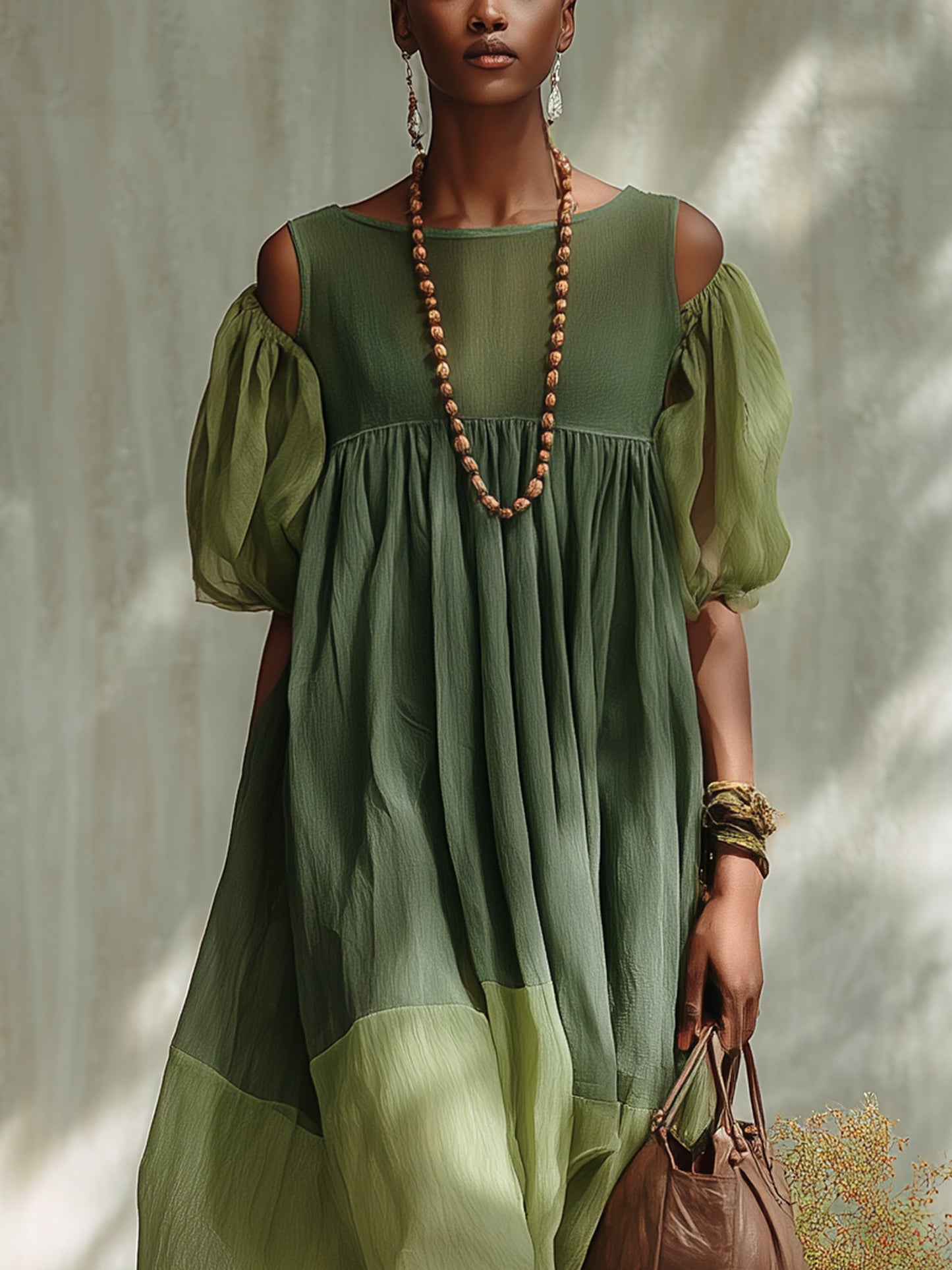 Vestido Midi Verde de Chifón con Hombros Descubiertos