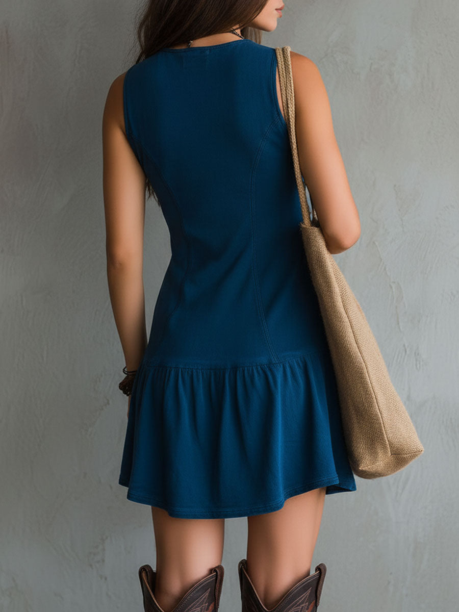 Vestido Mini Índigo sin Mangas con Escote V y Botones
