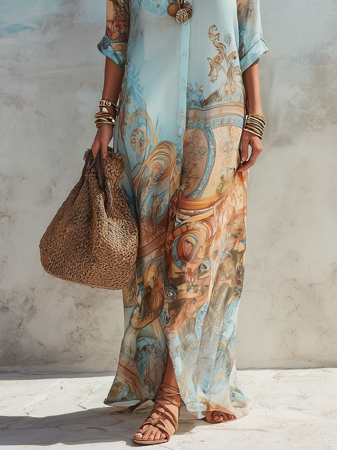 Vestido Maxi Azul con Estampado Floral Barroco