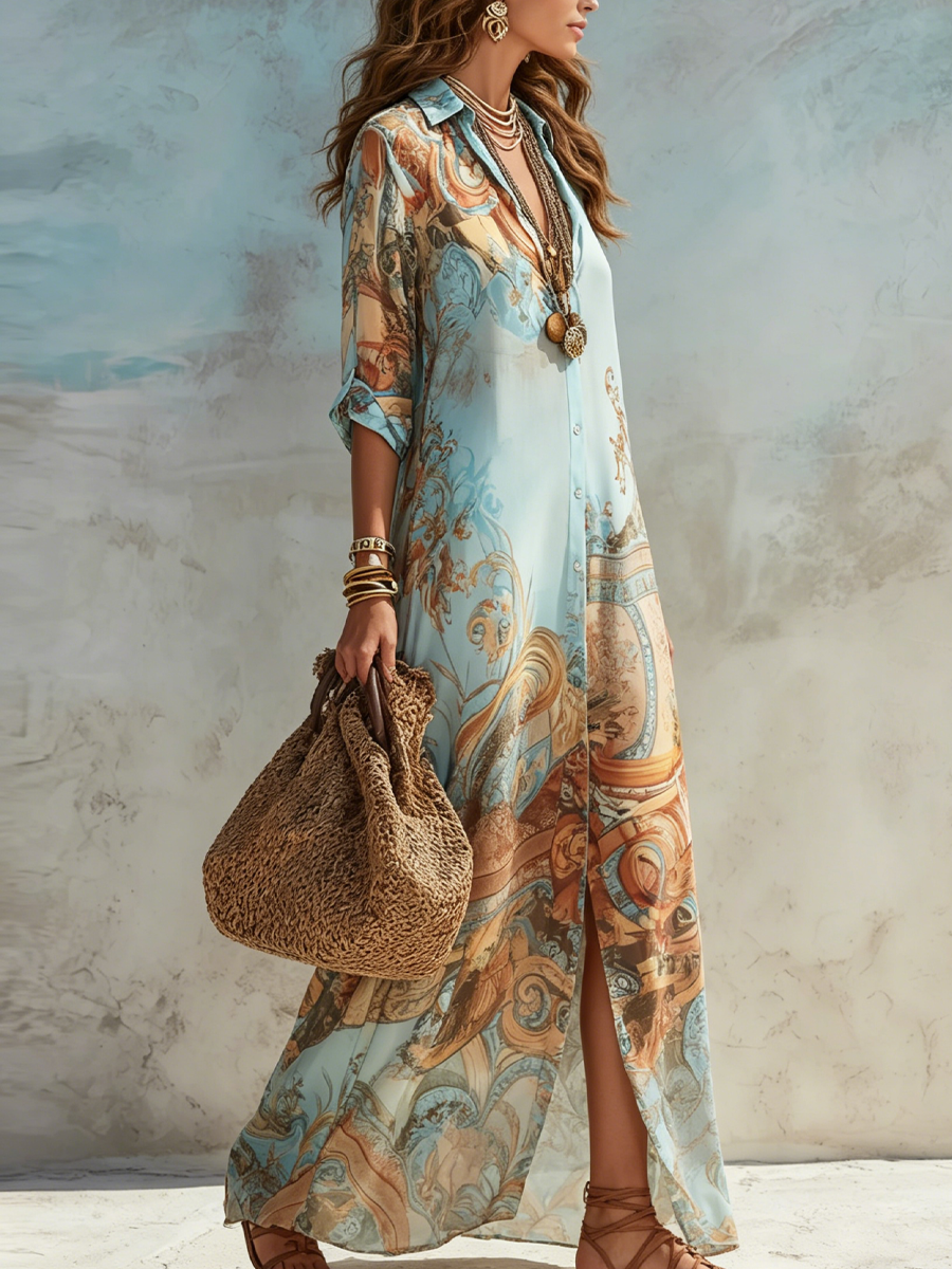 Vestido Maxi Azul con Estampado Floral Barroco