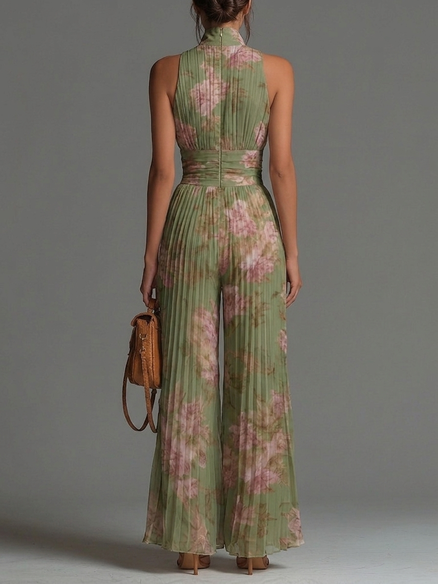 Jumpsuit Verde Floral de Chifón con Pierna Ancha