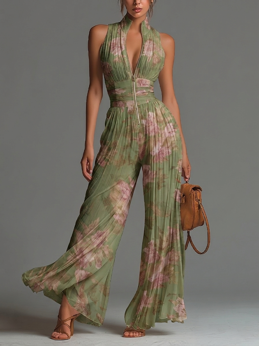 Jumpsuit Verde Floral de Chifón con Pierna Ancha