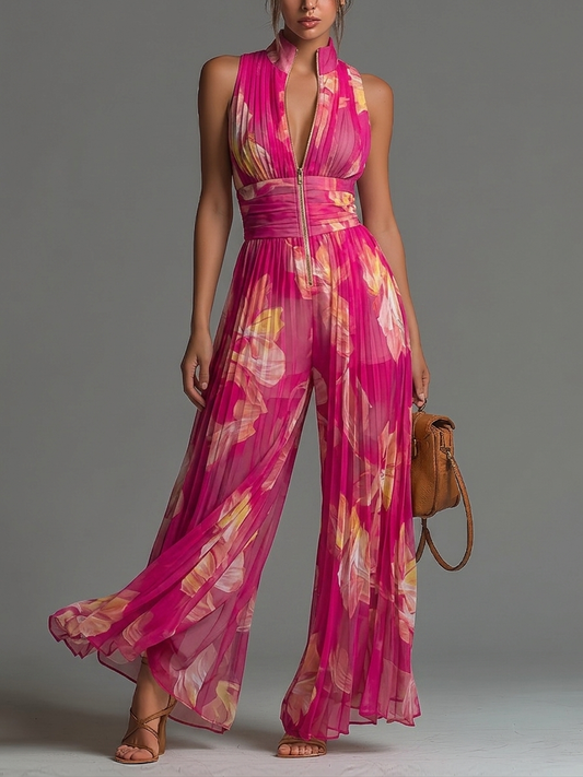 Jumpsuit Fucsia de Chifón Plisado con Estampado Floral