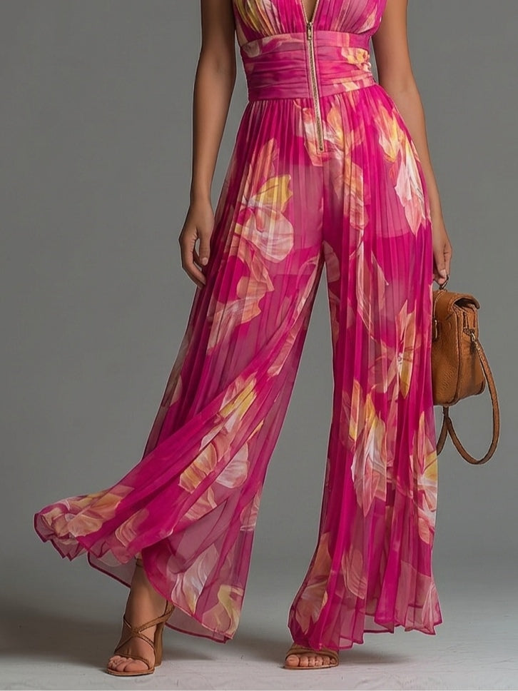 Jumpsuit Fucsia de Chifón Plisado con Estampado Floral