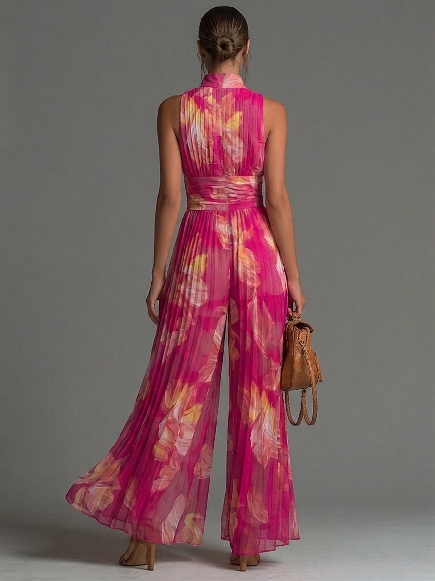 Jumpsuit Fucsia de Chifón Plisado con Estampado Floral