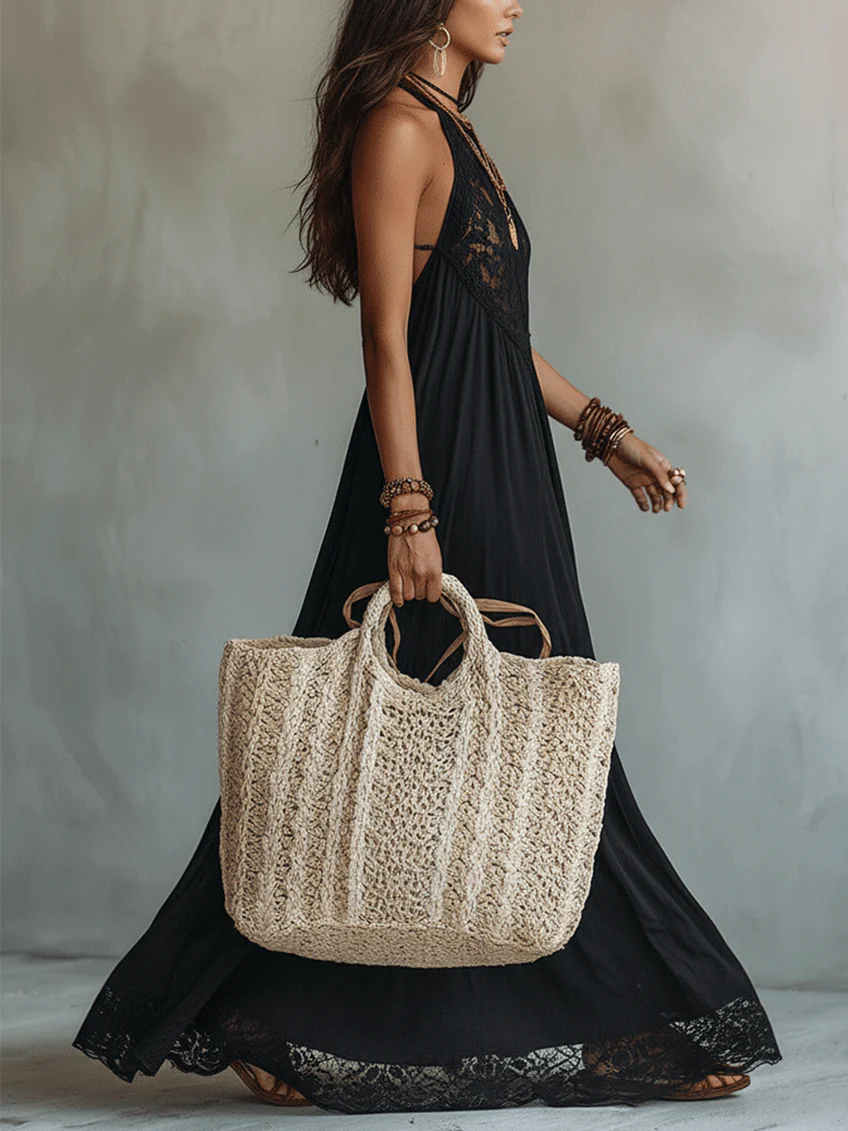 Vestido Maxi Negro sin Mangas con Encaje Bohemio