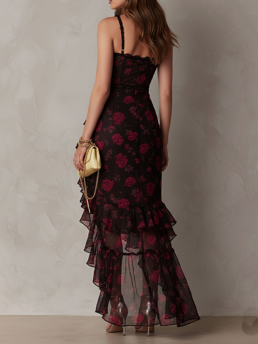 Vestido Largo Negro y Rojo con Flores y Volantes