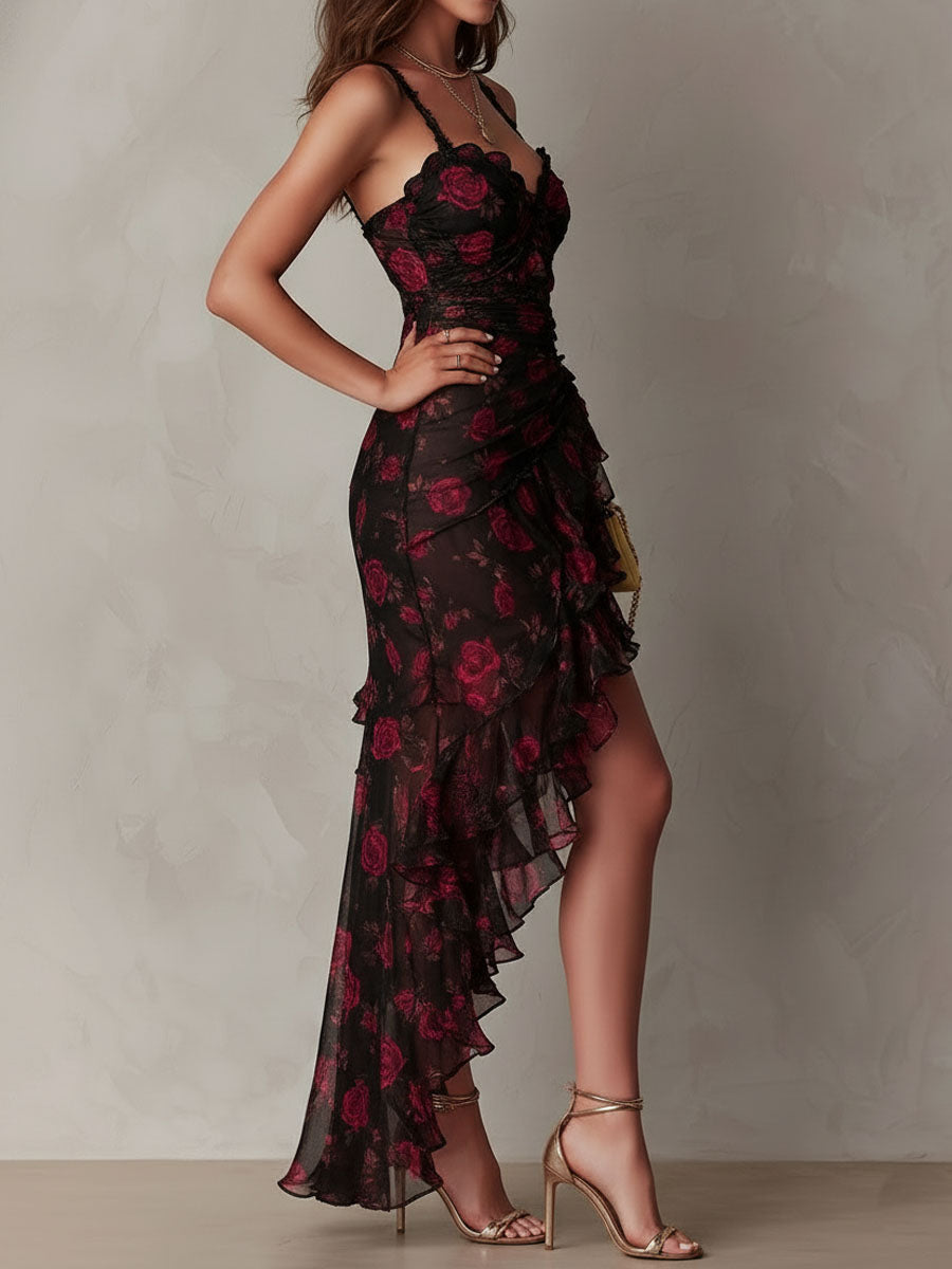 Vestido Largo Negro y Rojo con Flores y Volantes