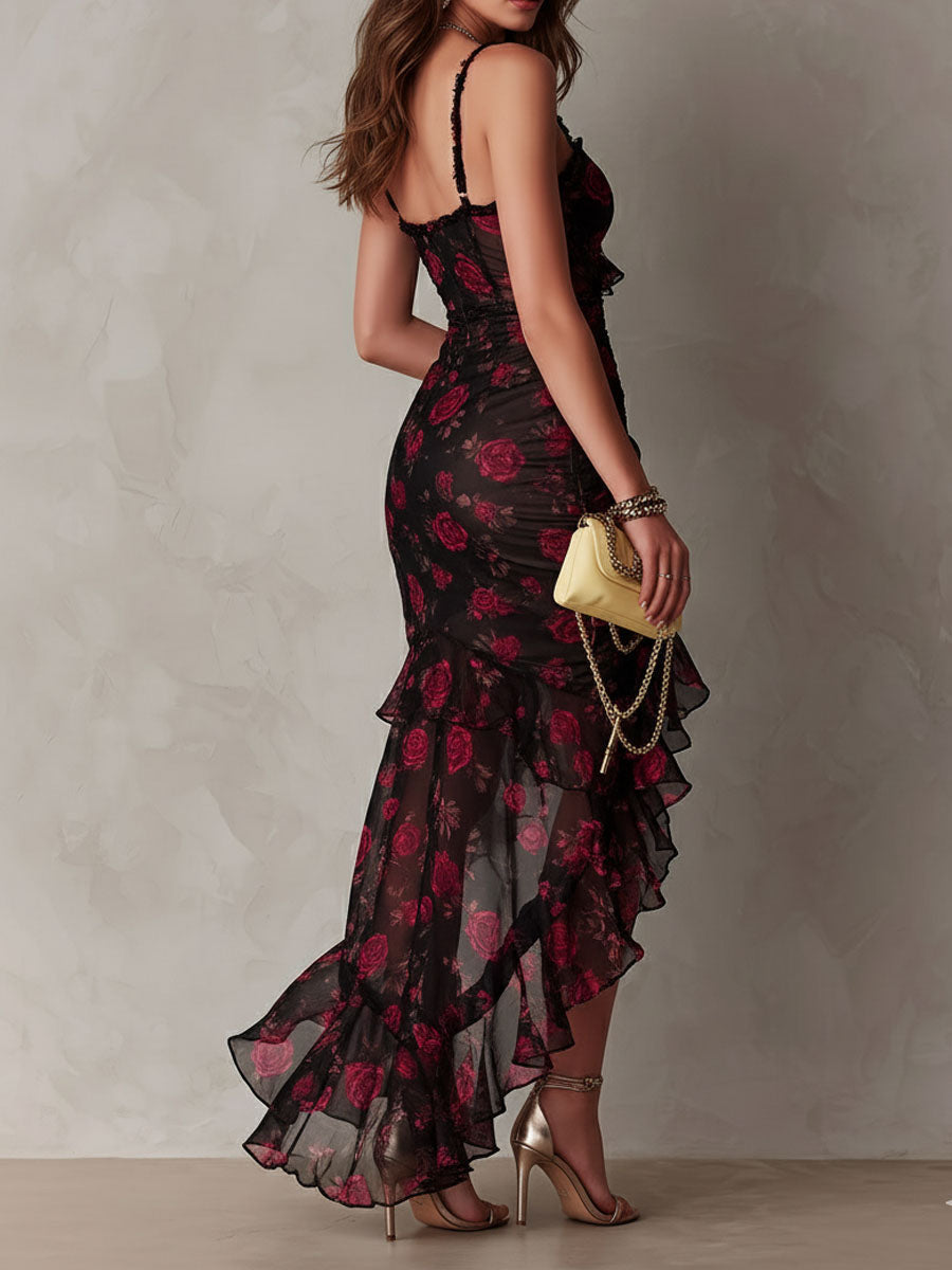 Vestido Largo Negro y Rojo con Flores y Volantes