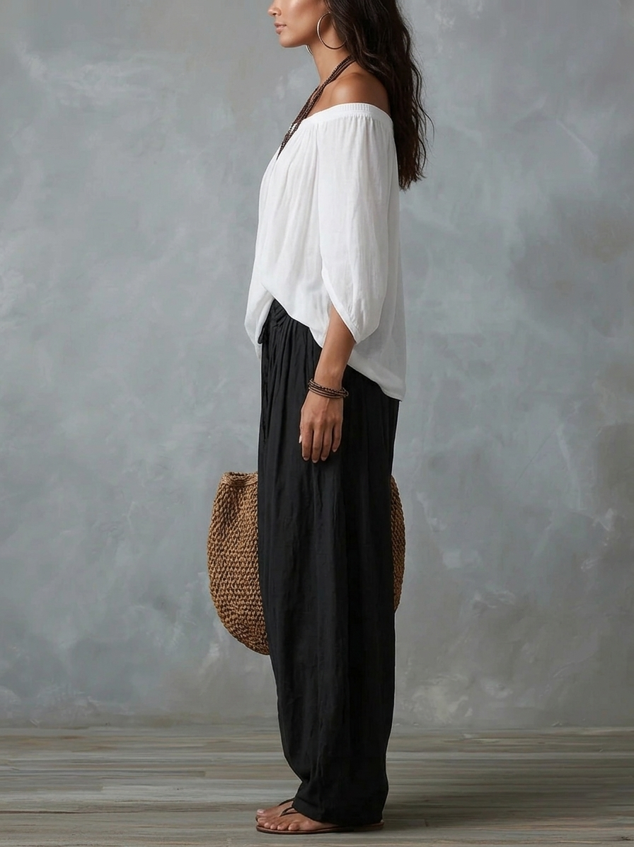 Conjunto Blanco de Top con Hombros Descubiertos y Pantalón Holgado