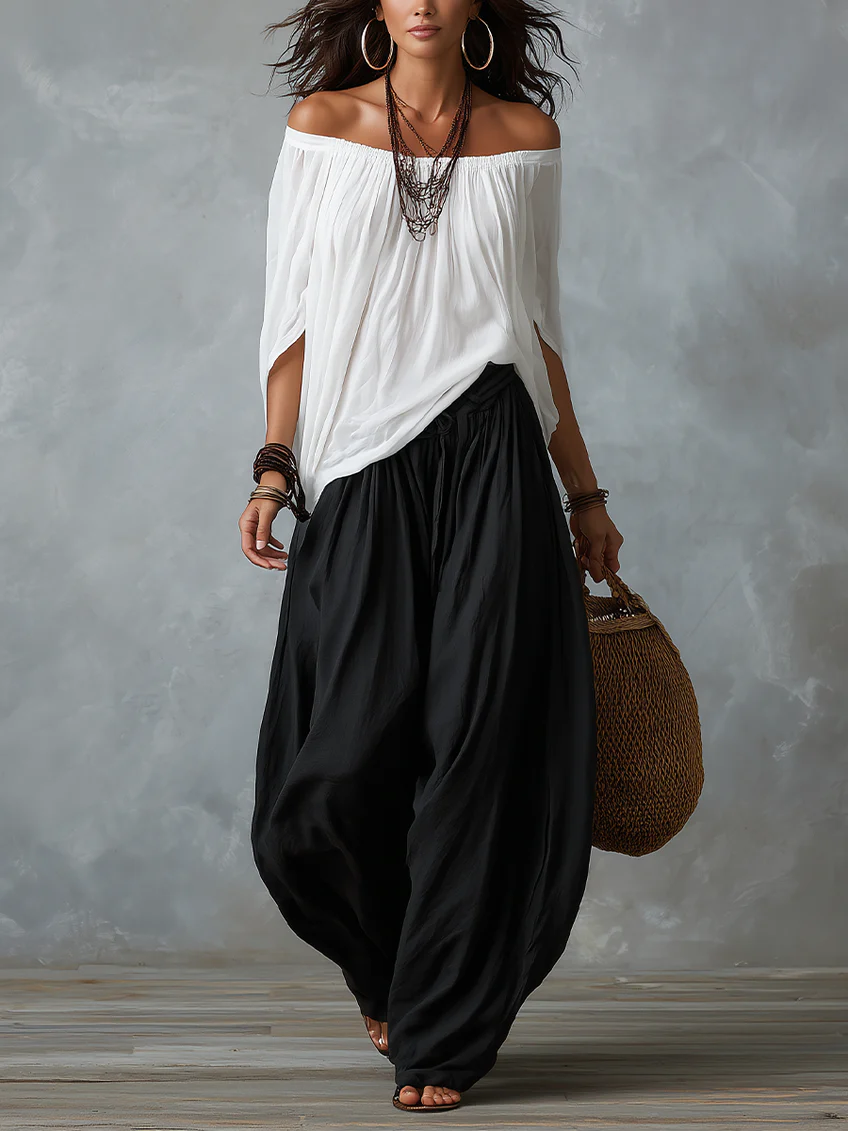 Conjunto Blanco de Top con Hombros Descubiertos y Pantalón Holgado