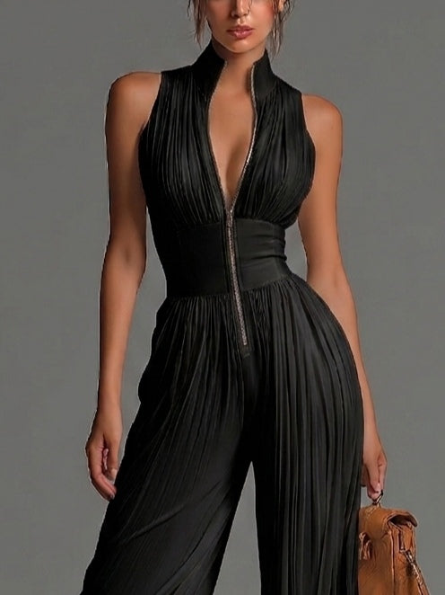 Jumpsuit Negro de Chifón con Escote V y Pierna Ancha