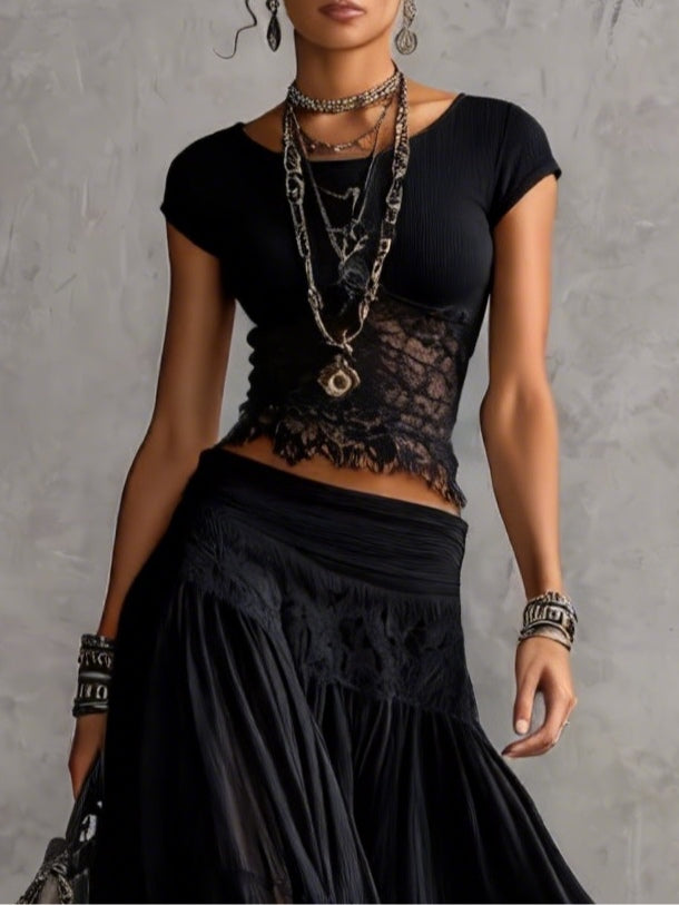 Conjunto Negro de Top de Encaje y Falda Maxi Plisada