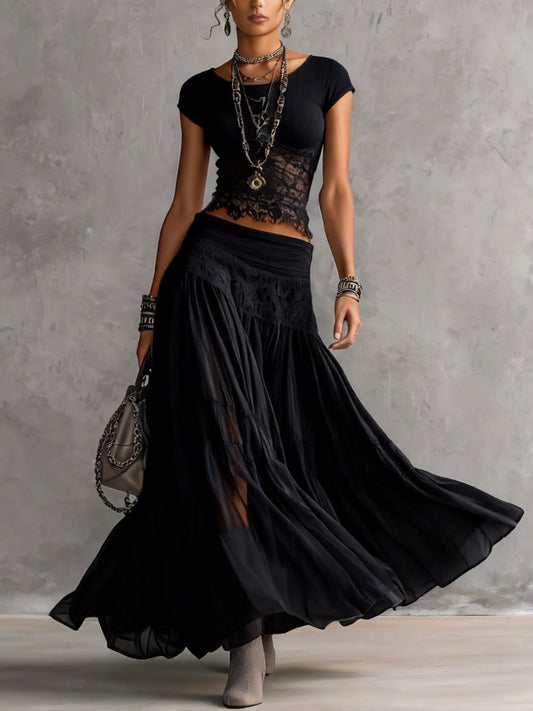 Conjunto Negro de Top de Encaje y Falda Maxi Plisada